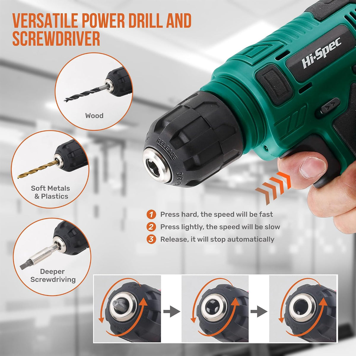 Hi-Spec 8V USB Power Drill Driver Bit Set with Hanging Kit for DIY, Green | faster bit changes, labeled storage, cleaner drilling and driving, portable case, workshop-ready layout, organized storage