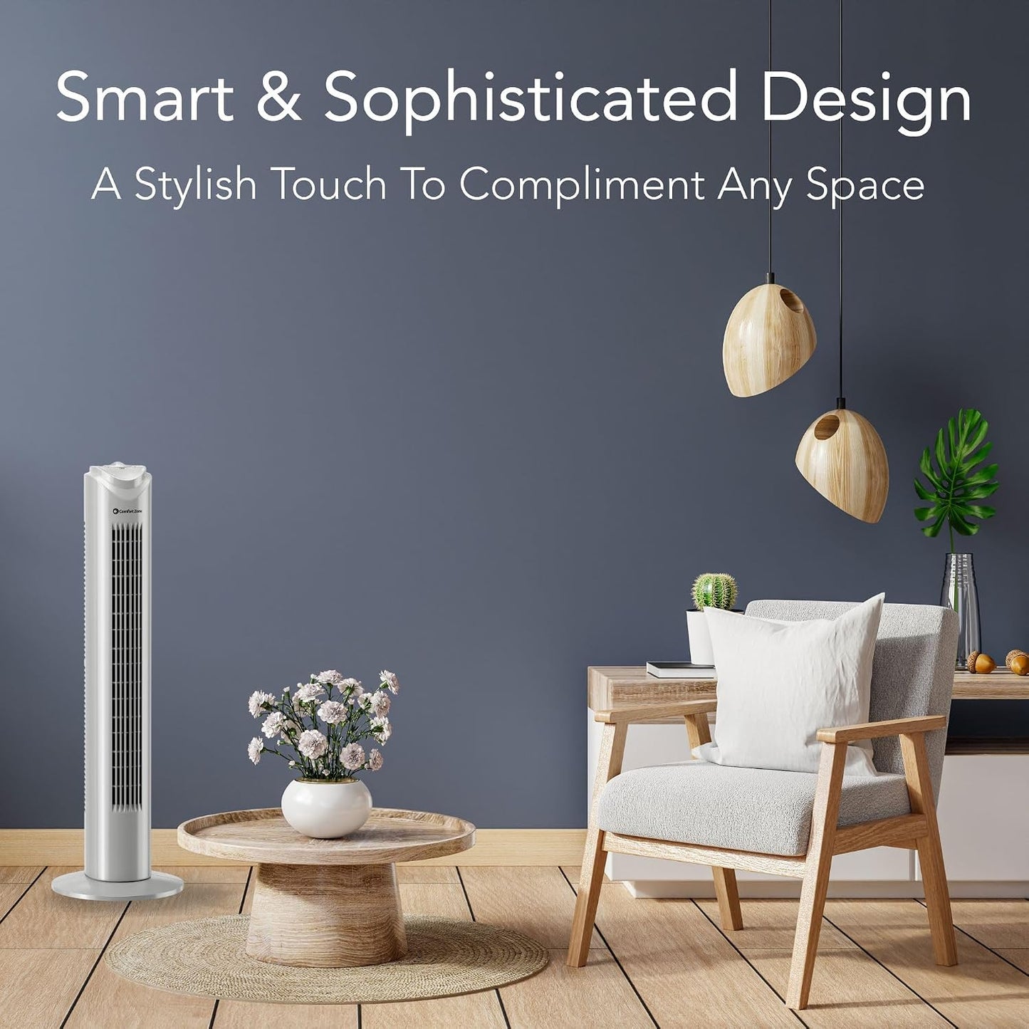 Comfort Zone 32-Inch Oscillating Tower Fan – Ultra-Slim Bladeless Design with 3 Speeds, 90° Wide Oscillation & Built-in Carry Handle – Quiet Portable Standing Fan for Bedroom, Home, or Office, Gray