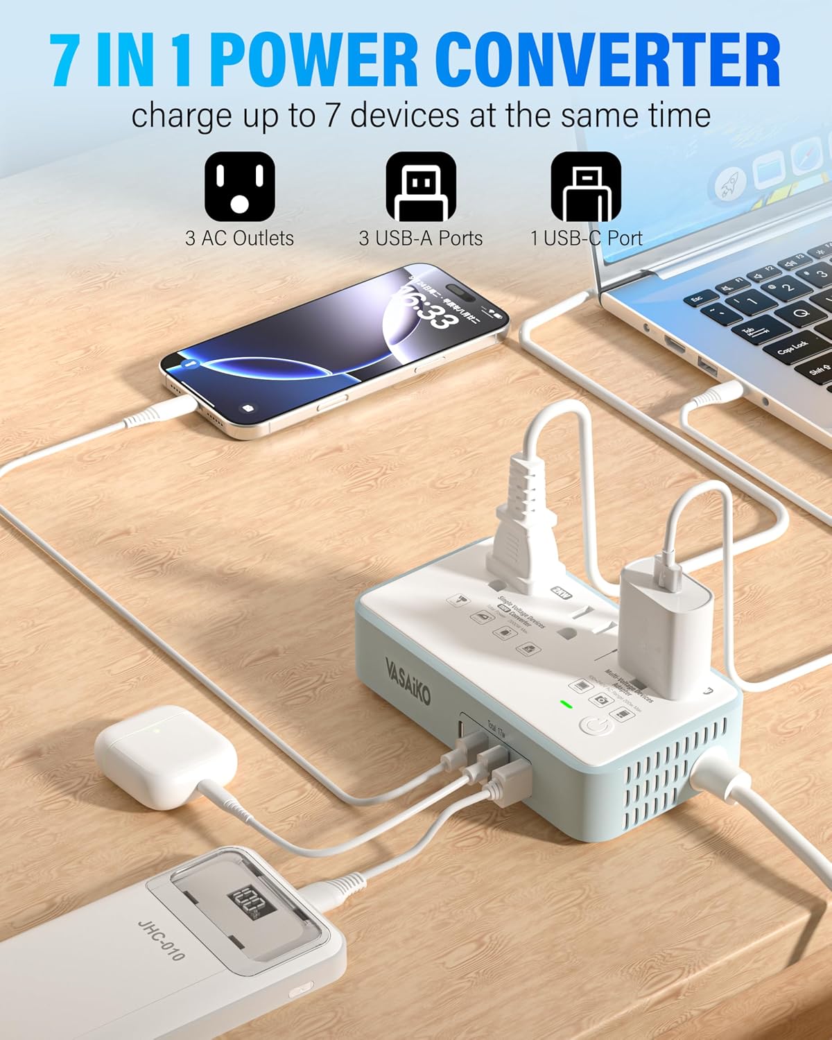 220V to 110V Voltage Converter US to Europe, 2000W Voltage Converter for European Travel with 3 AC 2 USB-C 2 USB-A Ports, and EU/UK/AU/IT European Travel Plug Adapter