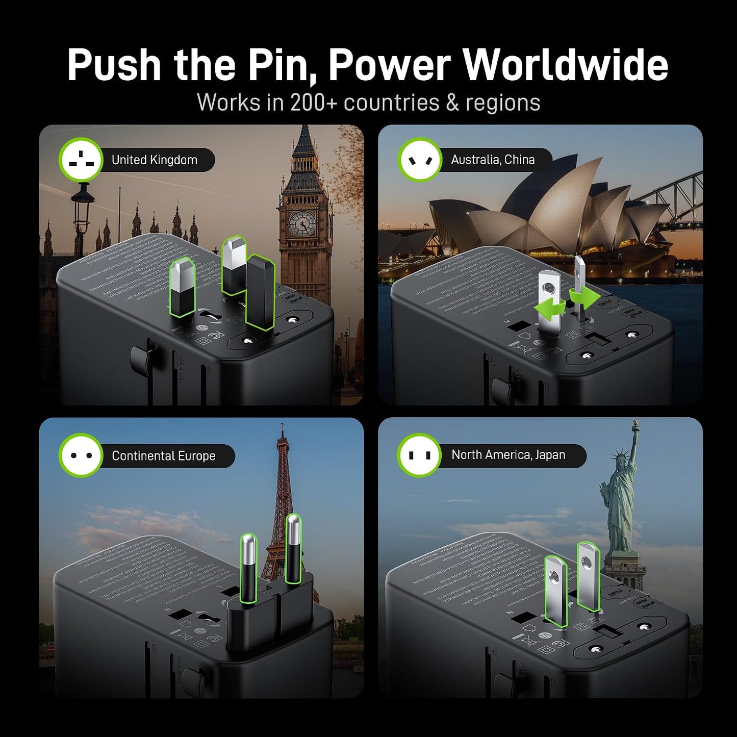 Epicka Pulse Duo 140W Universal Travel Adapter PD 3.1, 2AC/2USB-C/2USB-A | International Power Adapter with Smart Display, 3.28ft Cable, PPS Fast Charging for MacBook/iPhone