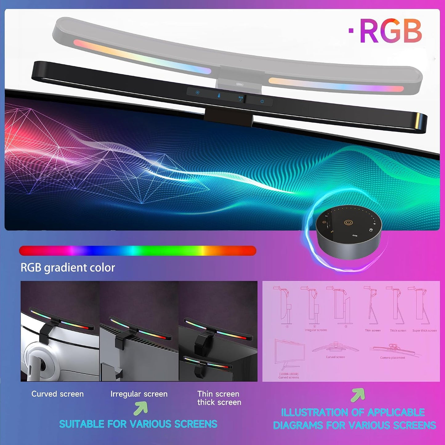 ONWAY Curved Monitor Light Bar with RGB Backlight, Wireless Remote Touch Control, No Glare Lamp with Camera Base for Gaming/Office Computer Setup
