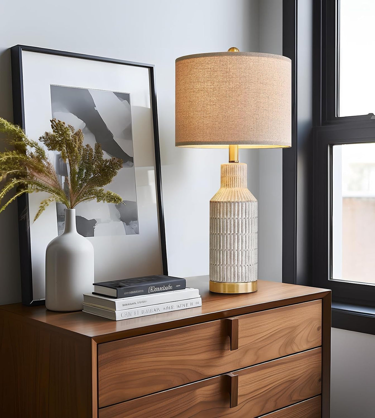 USumkky 25" Table Lamps Set of 2 - Modern Bedside Lamps for Living Room - White Washed Ceramic Nightstand Lamps for Bedroom