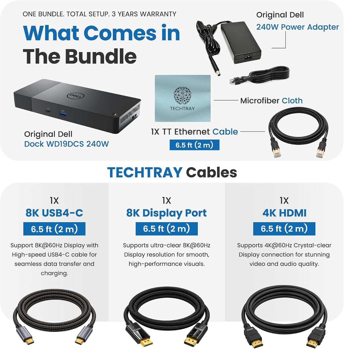 WD19DCS Dell Dual USB-C Dock Bundle, Dual Monitors, 240W Power Adapter, with TT Cables Each 2m, DisplayPort, HDMI, USB4-C, Ethernet & 3-Year Warranty