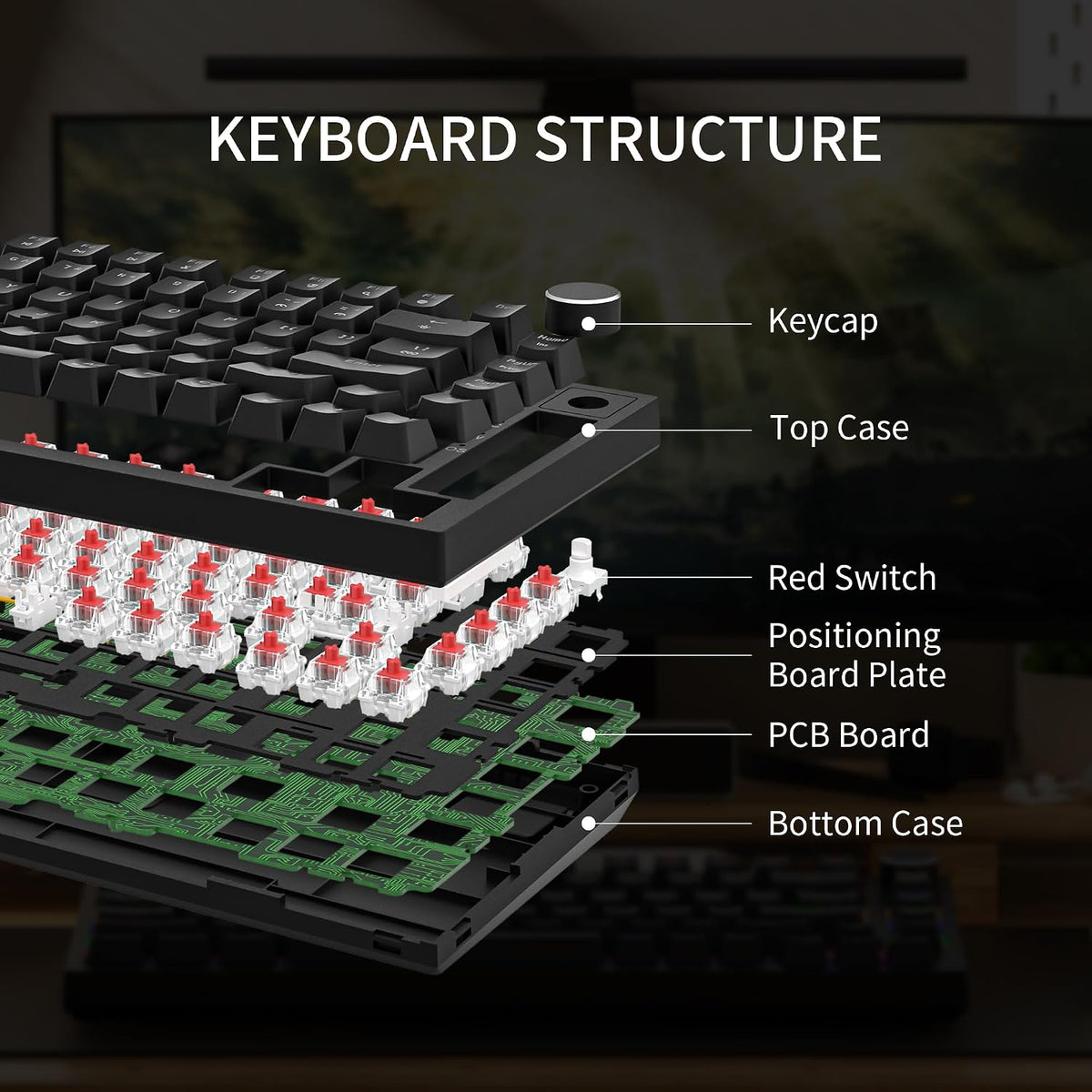 Newmen GM326 Mechanical Keyboard,75% Percent Gaming Keyboard,Wired Keyboard | Mechanical Keyboard,75% Percent Gaming Keyboard,Wired,Backlit,Hot Swappable,Compact,Mini,Black,PC Keyboards,Knob,Red Switch
