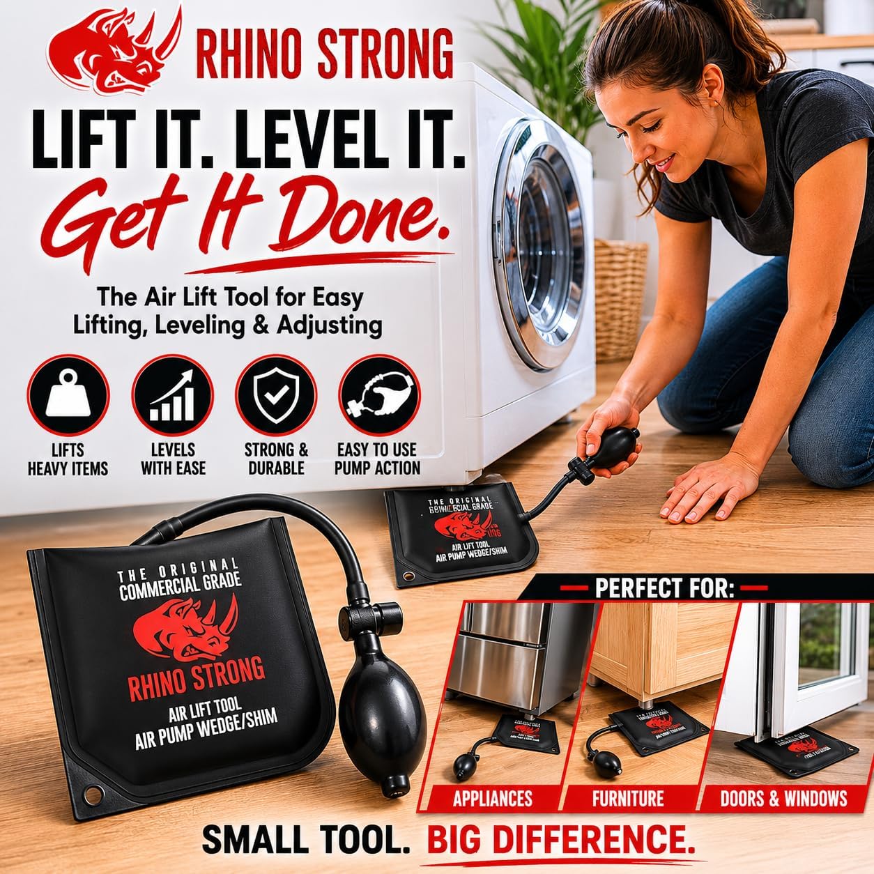The Original Rhino Strong Commercial Grade Air Wedge Bag Pump Professional Leveling Kit & Alignment Tool Inflatable Shim Bag 3 Piece (Small, Medium, Large). 3 sizes for all of your individual needs.