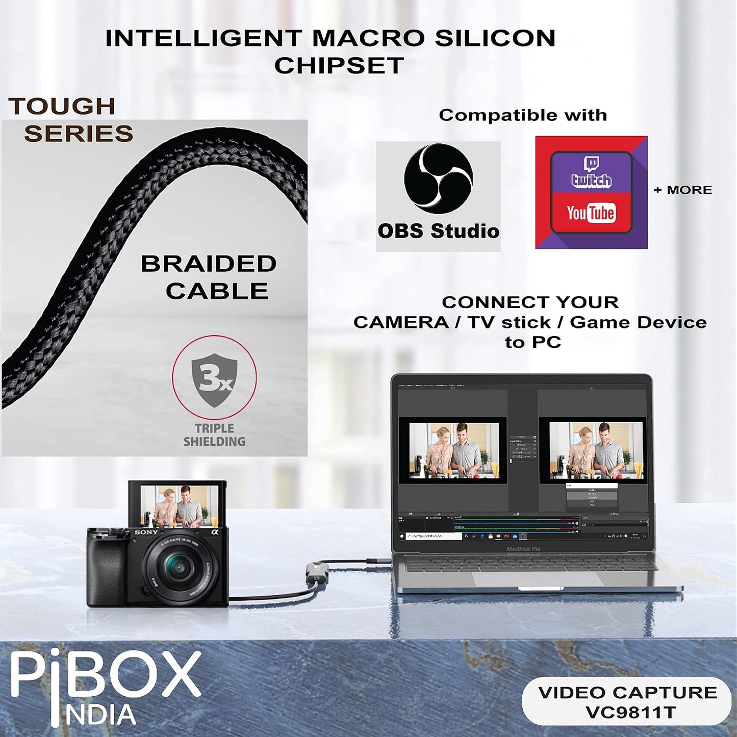 Video Capture Card, PiBOX India Braided Tough, 4K HDMI to USB 3.0 Game Capture Device Aluminium Windows Android Mac,HD 1080P Audio Video Card Live Streaming Gaming, Teaching Live Broadcasting