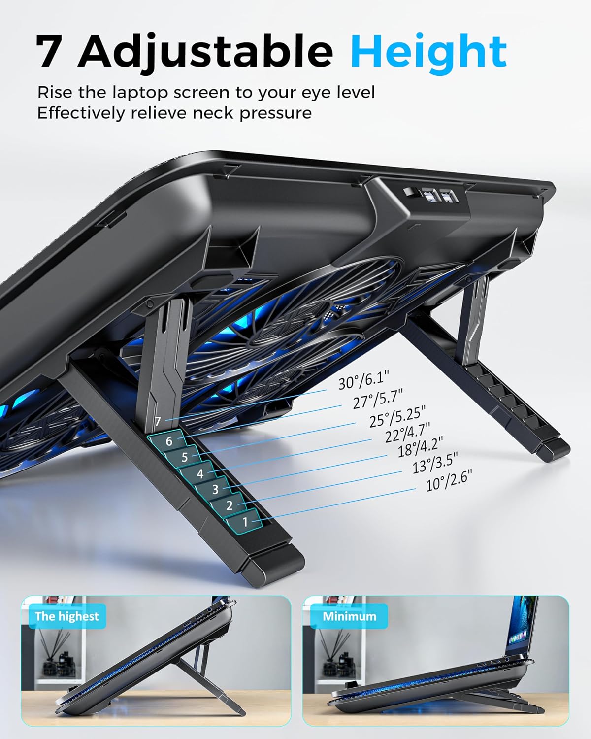 AICHESON Laptop Cooling Pad with 6 High-Speed Fans for 14-17.3 Inch Laptops | Laptop Fan with 7 Adjustable Angles, Blue Lights with Fans, 2 USB Ports for Work Home Office Use