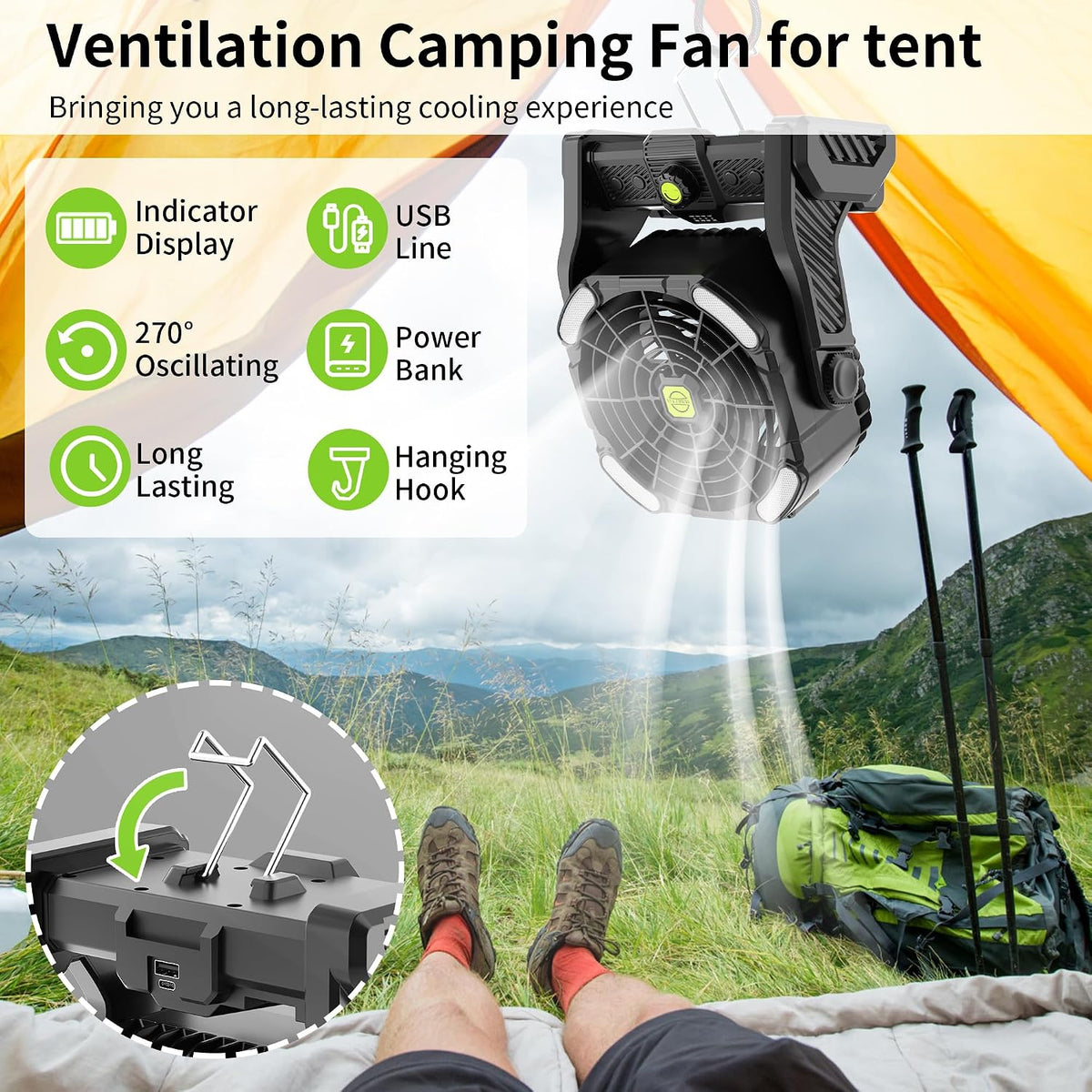 Battery Powered Fan Rechargeable Portable Camping Fan Tent with Light | 20000mAh Cordless Battery Operated Camping Fans with Light,USB Personal Fans Outdoor Camping Essentials Beach Tent for Travel