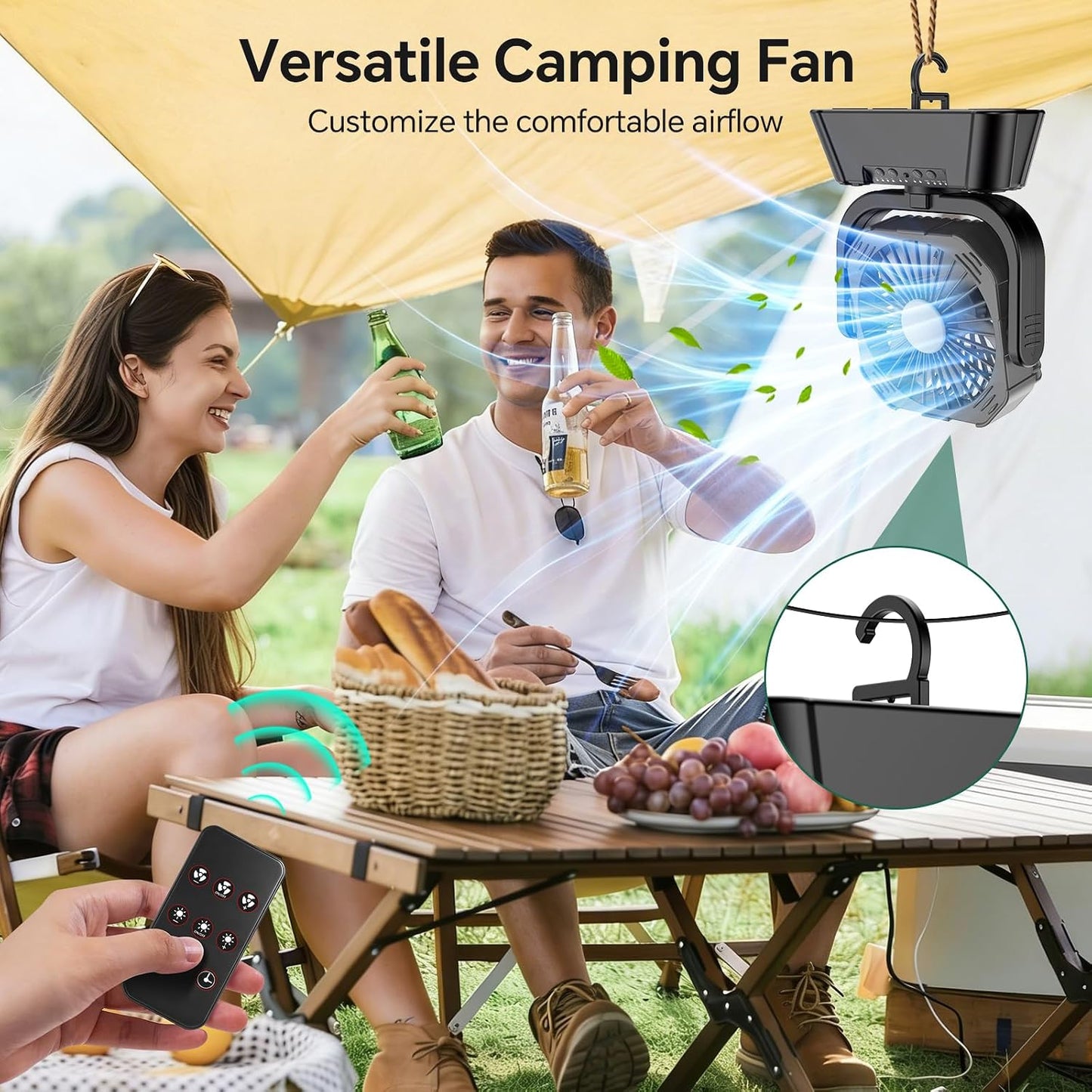 SHJQJJLBCQ 10000mAh Camping Fan, Battery Rechargeable Portable | Auto oscillating, quiet, wireless, remote, 4 timers, light, rechargeable, for camping, tent, RV, outdoor, travel, emergency.