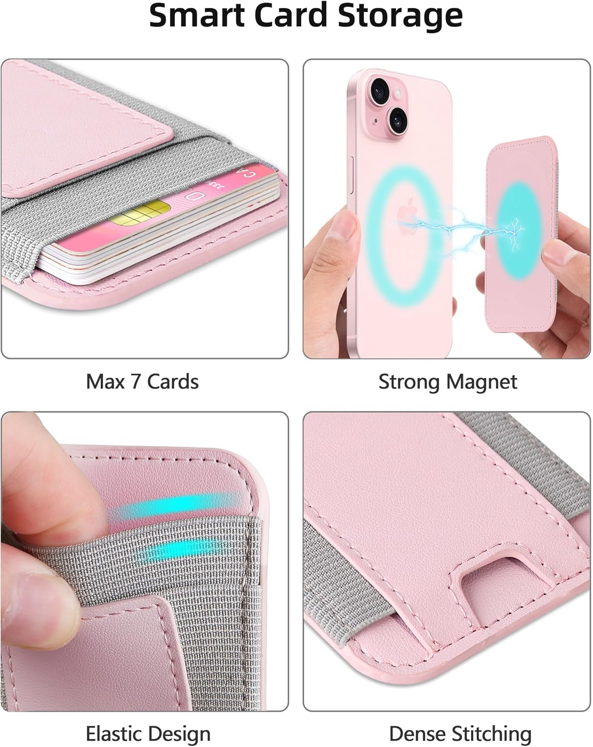 Upgraded for Magsafe Wallet, 7 Card Holder, RFID Blocking, Strongest Magnet | Magnetic Wallet for iPhone 17/16/15/14/13/12 Series, for iPhone Magsafe Wallet with 2 Card Slots, Vegan Leather, Baby Pink