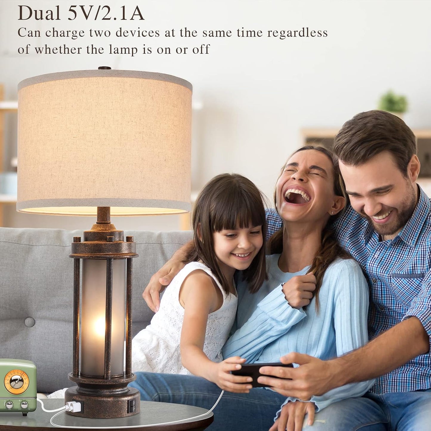 Set of 2 Farmhouse Lamps for Living Room with Glass Night Light and USB C+A | Rustic Vintage Bedroom Nightstand Table Lamp, Built-In Frosted Glass for End Table Entryway, 4 Bulbs Included (Bronze)