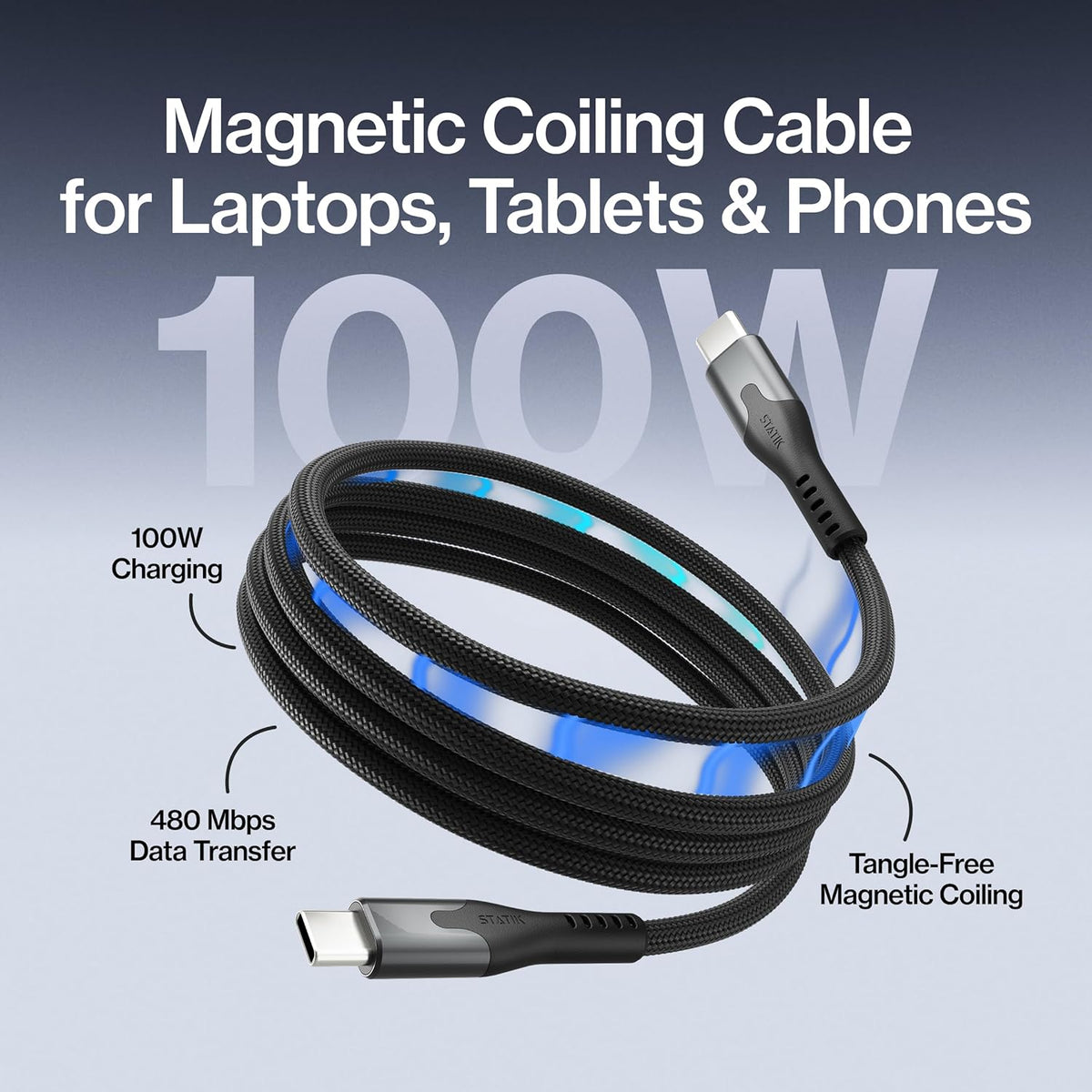 Statik MagStack Pro USB C to USB C Coiling Magnetic Charging Cable,100W | Nylon Braided Tangle-Free Design, Magnetic Coiling, Data Transfer, Compatible with iPhone & Android, 3FT Black