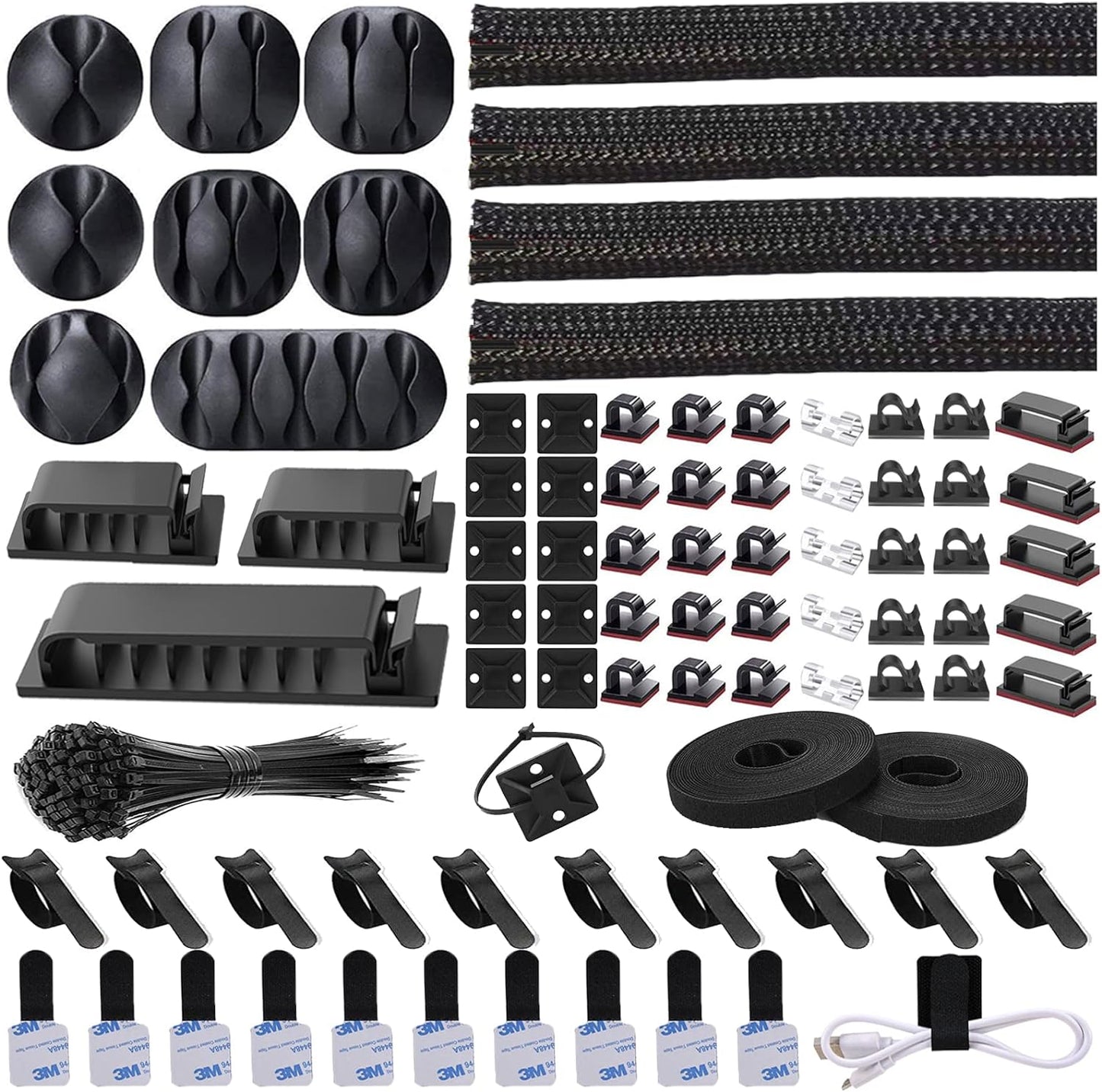 N NOROCME 192 PCS Cable Management Kit 4 Wire Organizer Sleeve | 11 Cable Holder,35Cord Clips 10+2 Roll Cable Organizer Straps,100 Fastening Cable Ties,for Computer TV Under Desk
