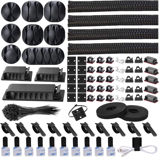 N NOROCME 192 PCS Cable Management Kit 4 Wire Organizer Sleeve | 11 Cable Holder,35Cord Clips 10+2 Roll Cable Organizer Straps,100 Fastening Cable Ties,for Computer TV Under Desk