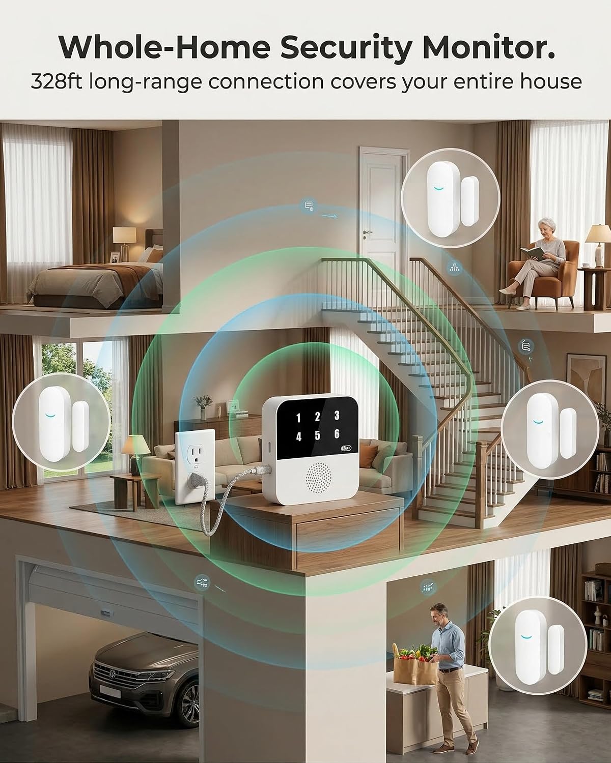 PILSAMAS Wi-Fi Smart Door and Window Alarms for Dementia Wandering Seniors | 1 Receiver 4 sensors 1 remote, App alerts, ID display caregiver pager, Whole home door sensor chime for kid, Toddler security