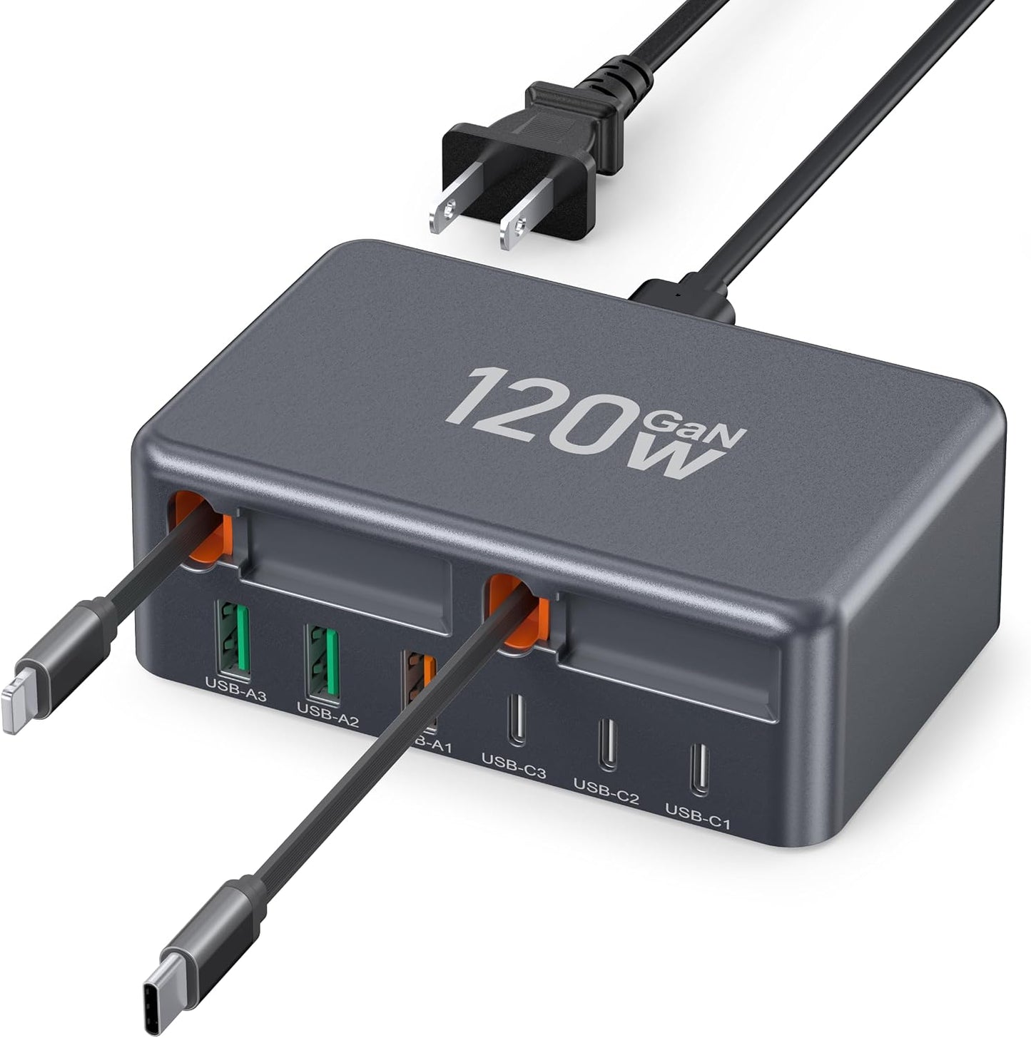 Upgraded 8-in-1 Retractable USB C Charger Block, 120W GaN Multi Charging Station Hub with Lightening & Type C Cable, Travel Essential USB C Power Strip Plug for iPhone 17 16 15 14 Pro Max iPad Galaxy