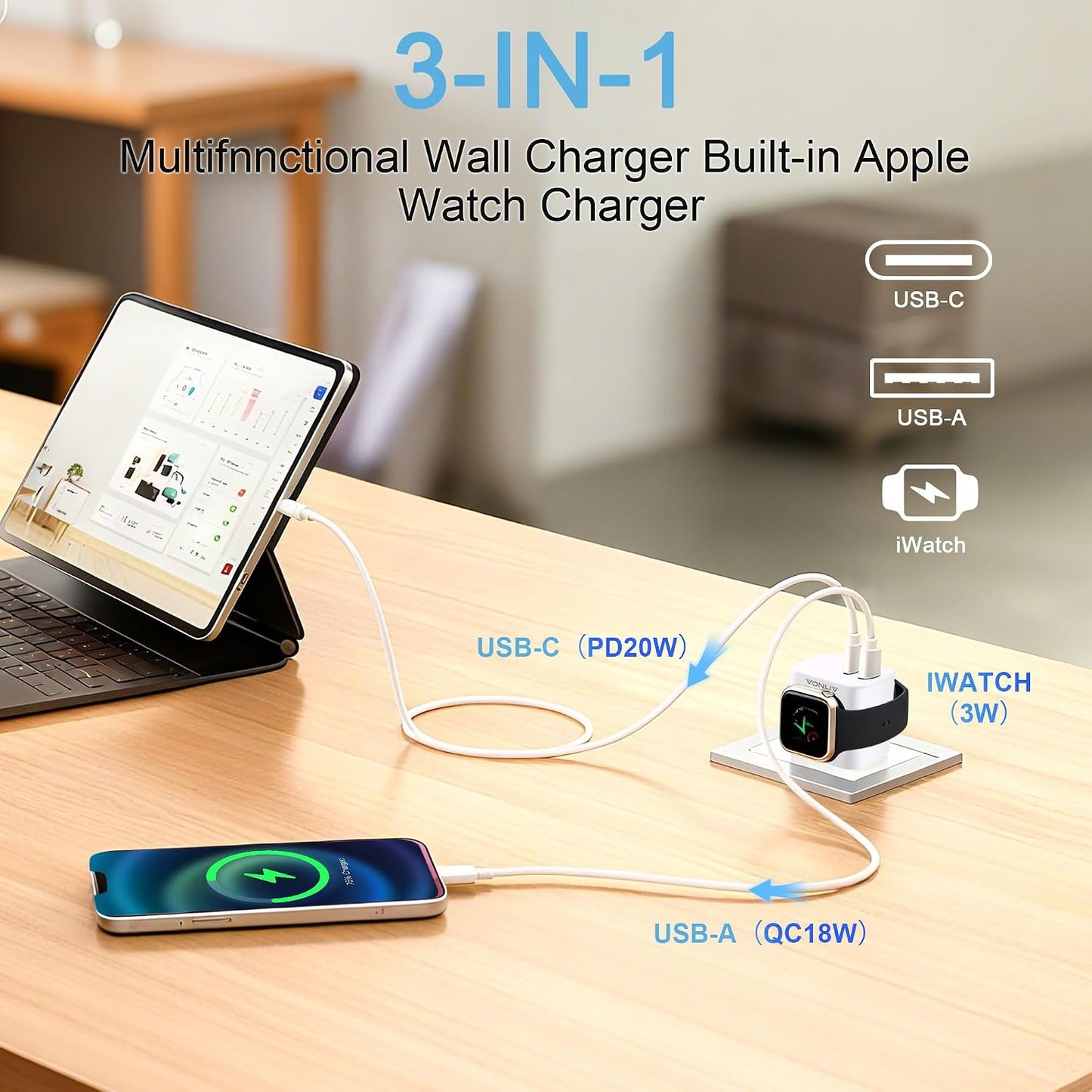 3-in-1 Adapter for Apple Watch, 20W USB C Fast Charging Block with Dual Ports & Magnetic Wireless Adapter, Portable Travel Wall Plug for iWatch Ultra/SE/11/10/9/8/7, iPhone 17/16/15/14, AirPods