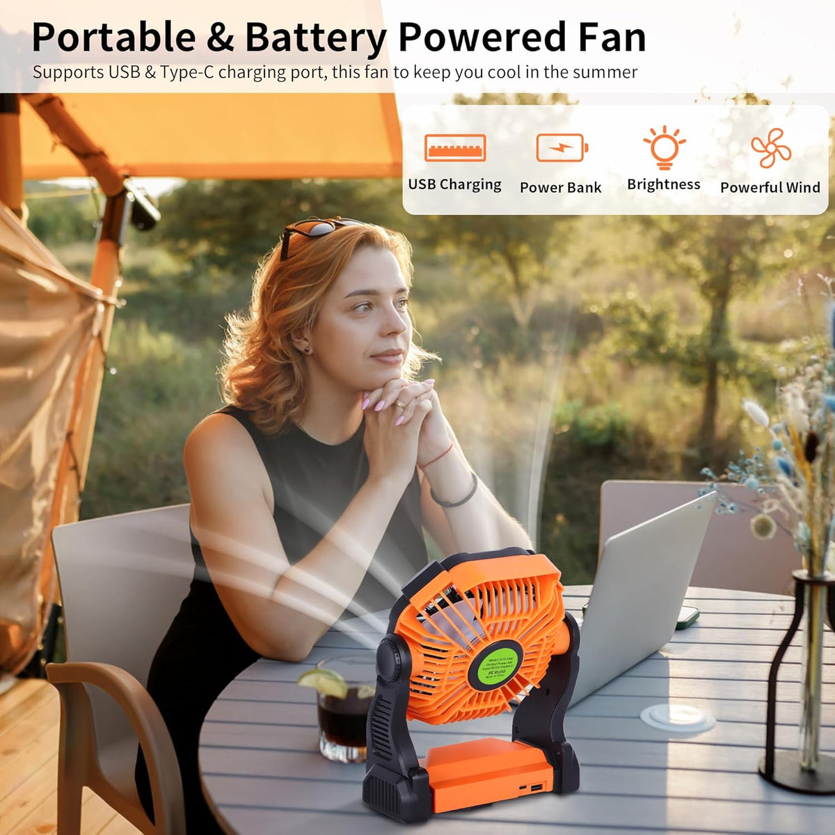 20000mAh Portable Fan Rechargeable Battery Powered Fan Camping Essentials | TDLOL Cordless Rechargeable Battery Operated Camping Fan with Light & Hook,USB Personal Fans Outdoor Beach Tent Travel Desk