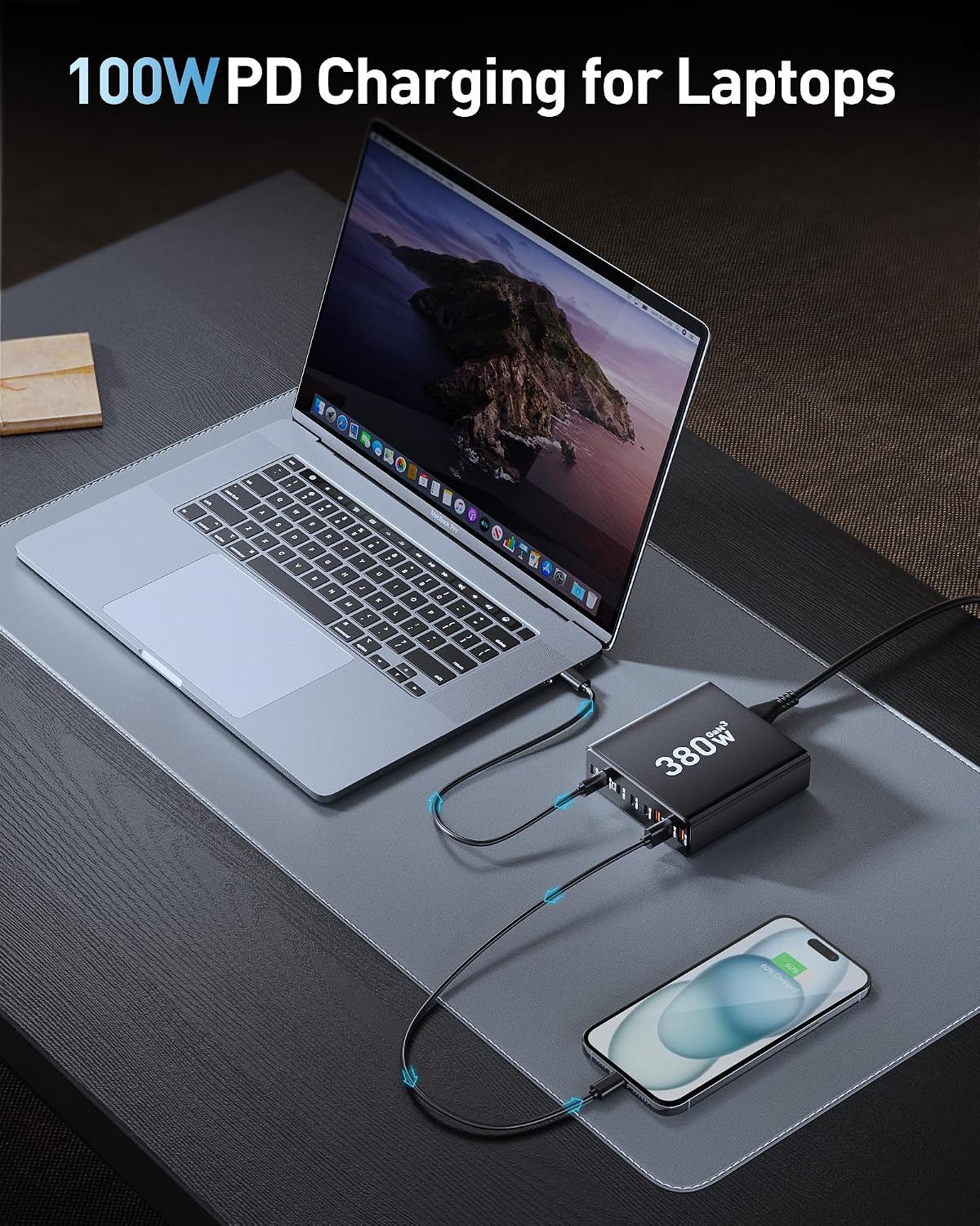 380W USB C Charger Block with 4 USB Cables Dual 100W Charging Station | 8-Port USB C Charging Station Laptop Charger Fast Type C Charging Block for MacBook Pro