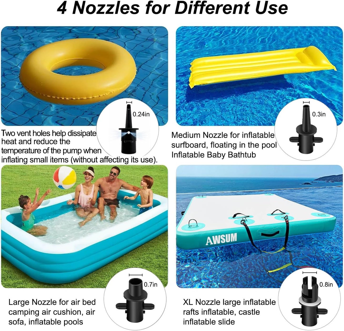 600W Electric Air Pump for Inflatable Gymnastics Mat | 110-120V AC Air Mattress Quick Fill Inflator Deflator Pump, Portable for Pool Floats/Air Bed/Gymnastics/Gym,4 Nozzles