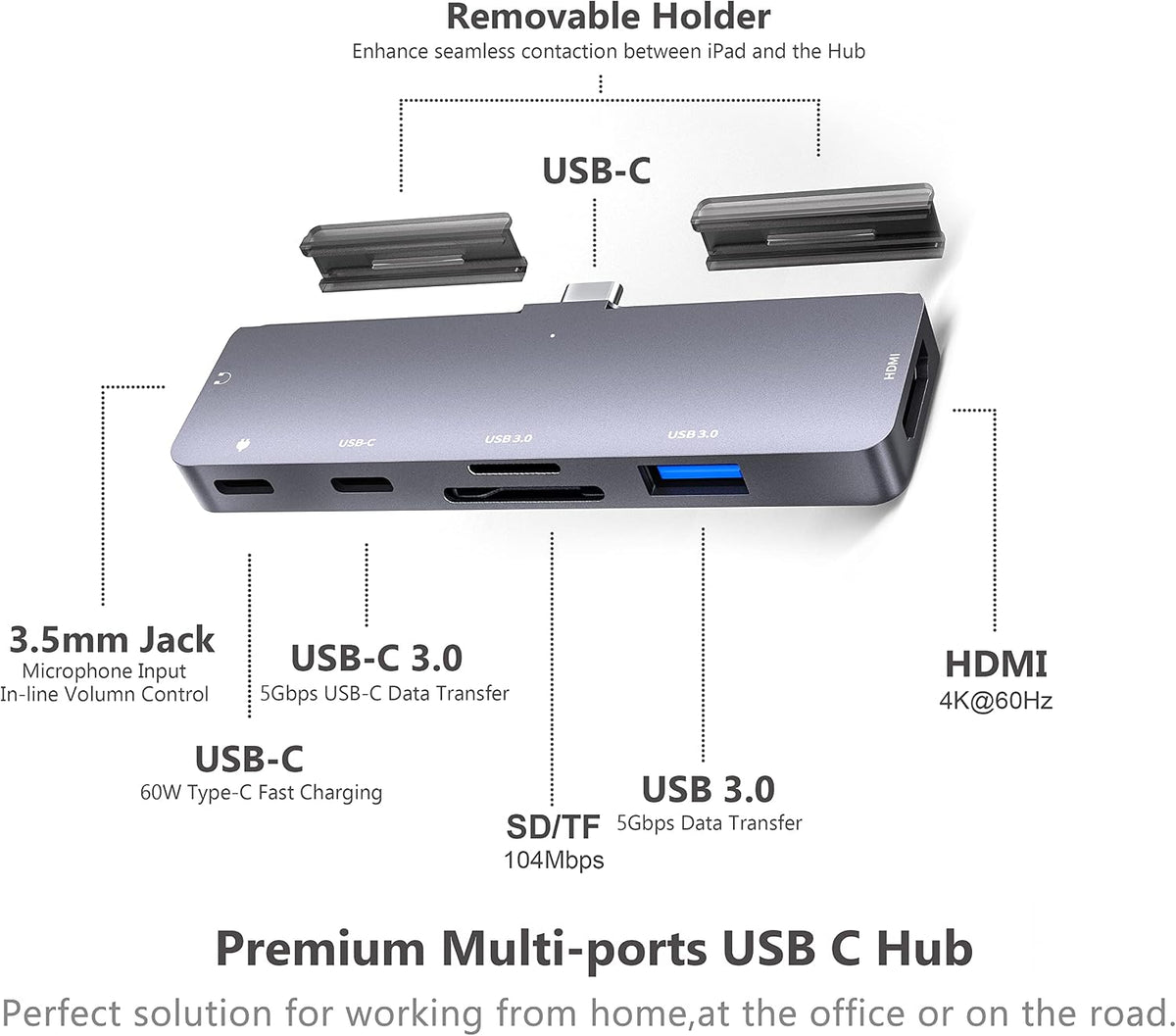 iPad Pro USB C Hub Adapter for iPad Pro 2024 M4 M2 M1,7-in-1 Hub with 4K@60Hz HDMI,3.5mm Jack,USB3.0,PD 60W,SD/TF Card Slot,iPad Air 4/5,iPad mini 6,iPad pro 13 12.9 Accessories.