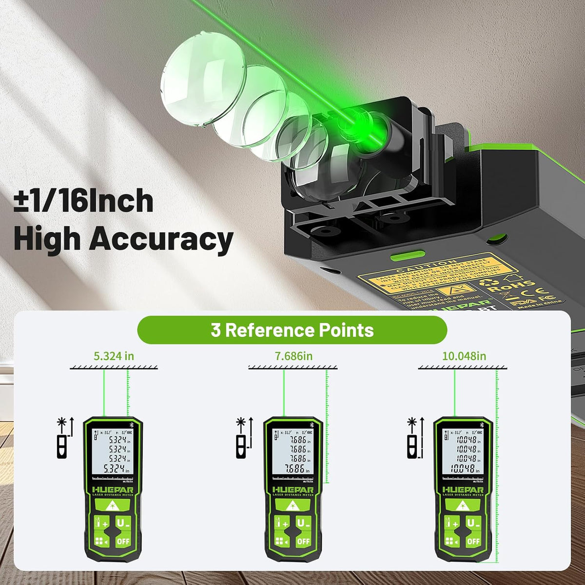 Huepar Bluetooth Green Laser Measuring Tool 200FT, S60-G-BT | APP Control, Green Beam, ±1/16" High Accuracy, Rechargeable USB-C Laser Distance Meter, Angle Sensor, IP54, Gifts for Men