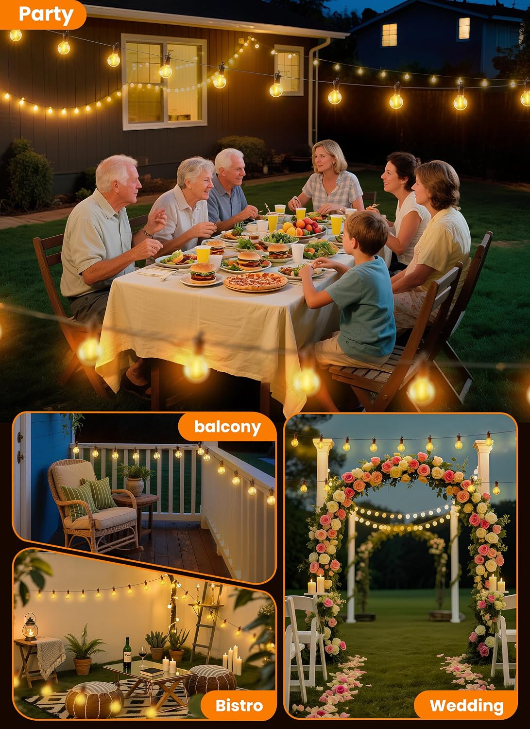 100FT 52 LED Bulbs Outdoor String Lights, IP65 Waterproof String Lights | G40 Shatterproof Connectable Outside Patio Light for Backyard Porch Balcony Garden Decor Christmas Camping Gazebo