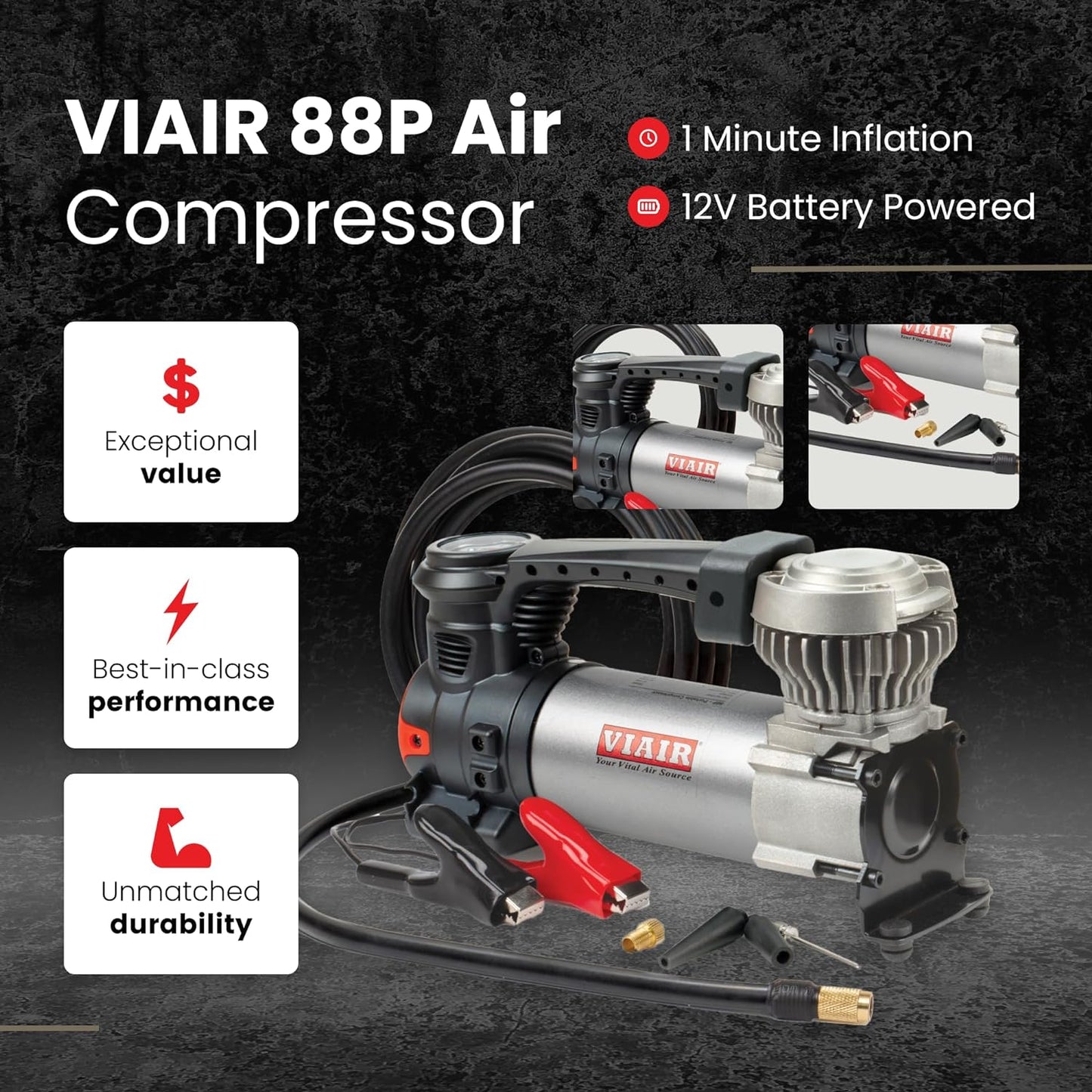 VIAIR 88P - 00088 Portable Compressor Kit with Alligator Clamps, Tire Inflator, Tire Air Pump, 12V, 120 PSI, for Up to 33 Inch Tires