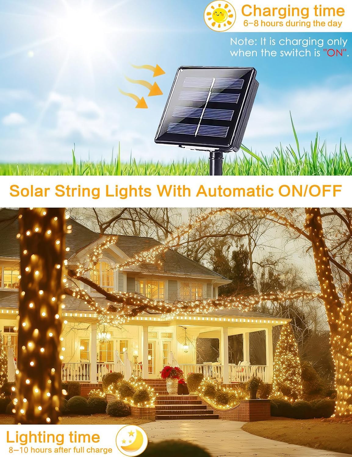 Solar String Lights Outdoor, 2 Pack 80 FT 200 LED Fairy Lights | Warm White, 8 Modes, Memory, Auto On/Off, IP65 Waterproof Copper Wire Twinkle Light for Garden Tree Patio Fence Wedding Decor