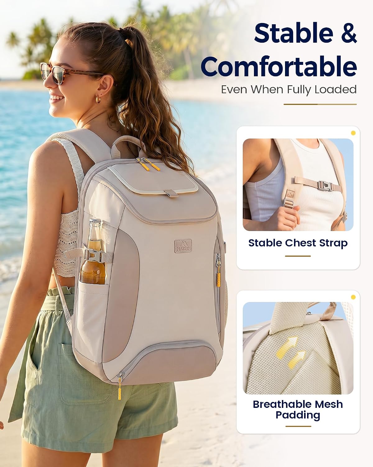 MATEIN HER Cooler Backpack for Women with Hook-and-Loop Top Lid for Beach | Fit 17" Laptop, Insulated Can Sleeves, Leakproof, Waterproof, Backpack Cooler 30 Cans, Soft Lunch Bag, Picnic Camping Travel
