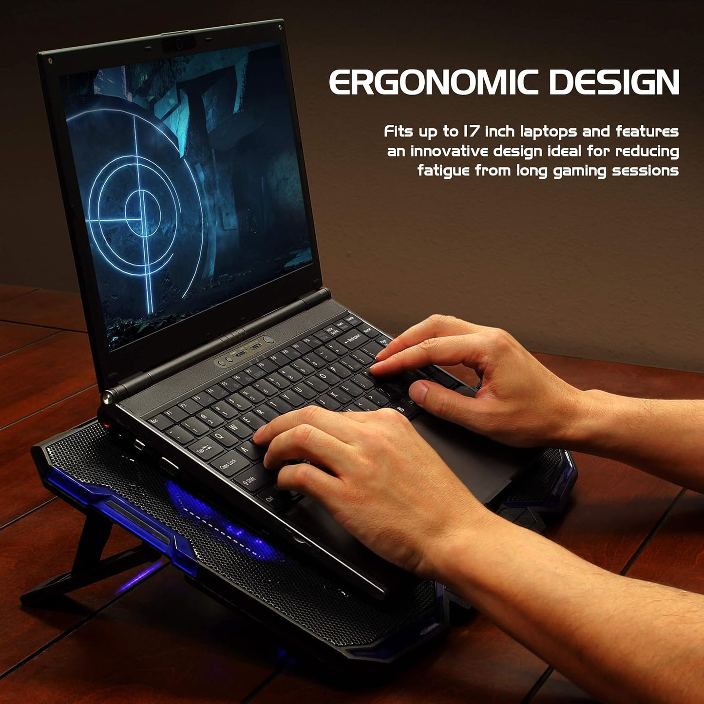 ENHANCE Cryogen Gaming Laptop Cooling Pad - Fits 17 in Computer- Adjustable Laptop Cooling Stand with 5 Quiet Cooler Fans, 2 USB Ports and LED Lighting - Slim Portable Design 2500 RPM (Blue)