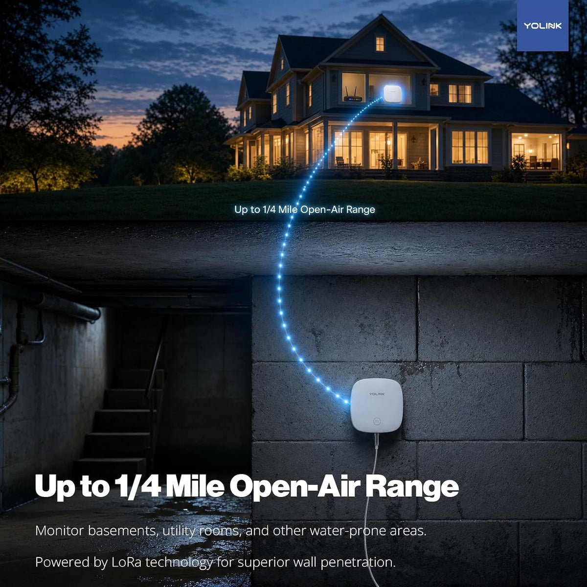 YoLink Water Leak Sensor 2,1/4 Mile World's Longest Range Smart Home Water Leak Sensor,Water Leak Detector with Built-in Siren Up to 105dB,Works with Alexa and IFTTT-YoLink Hub Required,YS7904-UC