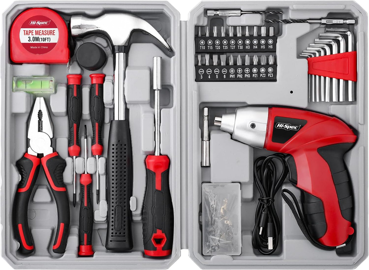 Hi-Spec 4V USB Electric Screwdriver Tool Kit for Home Repairs, Green | 42pc, fast assembly help, common screw bit selection, LED visibility, compact grip, quick household fixes, organized storage