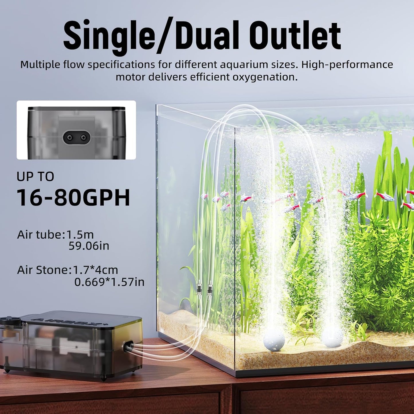 AQUASMITH Aquarium Air Pump,Ultra-Quiet/Small Size/More Output Air Pump for Fish Tank 1.5w/29GPH/14Kpa,with Air Stone Bubbler,Adjustable Airflow,Single Outlet Suitable for 20-40 Gallon Fish Tank