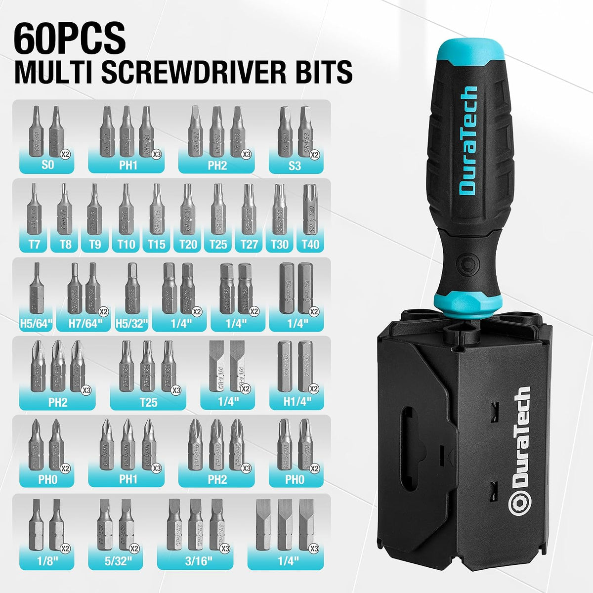 DURATECH Screwdriver, Multi-Function Set with 60 Replaceable Cr-V Bits | Replaceable Cr-V Bits(Flat, Phillips, Torx, Hex, Square), All in One Screw Drivers with Rolling Barrel Bits Holder