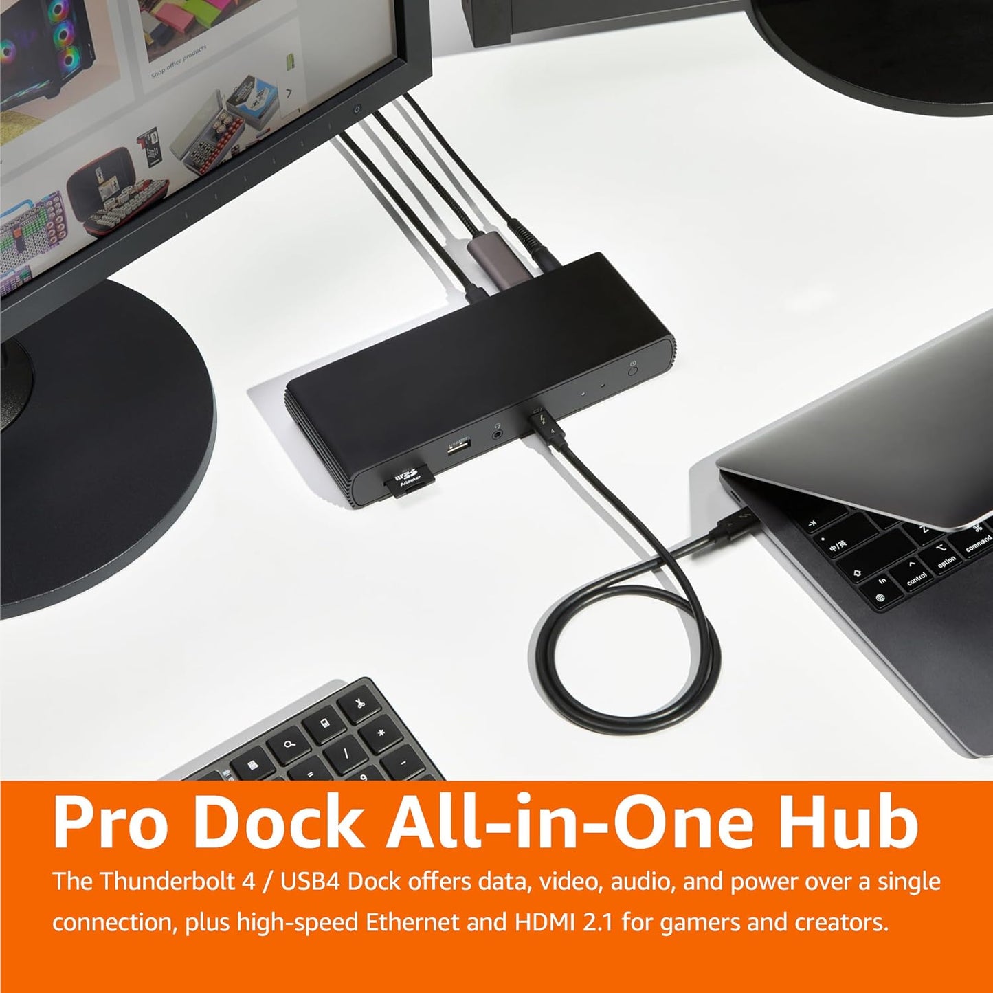 Amazon Basics Thunderbolt 4 Pro Docking Station, Dual 4K Monitor Support, 8K Display, 2xTBT4, 1xHDMI2.1, 3xUSB A 3.1, RJ45 Ethernet, Black, 7.86 x 2.95 x 1.23 inches