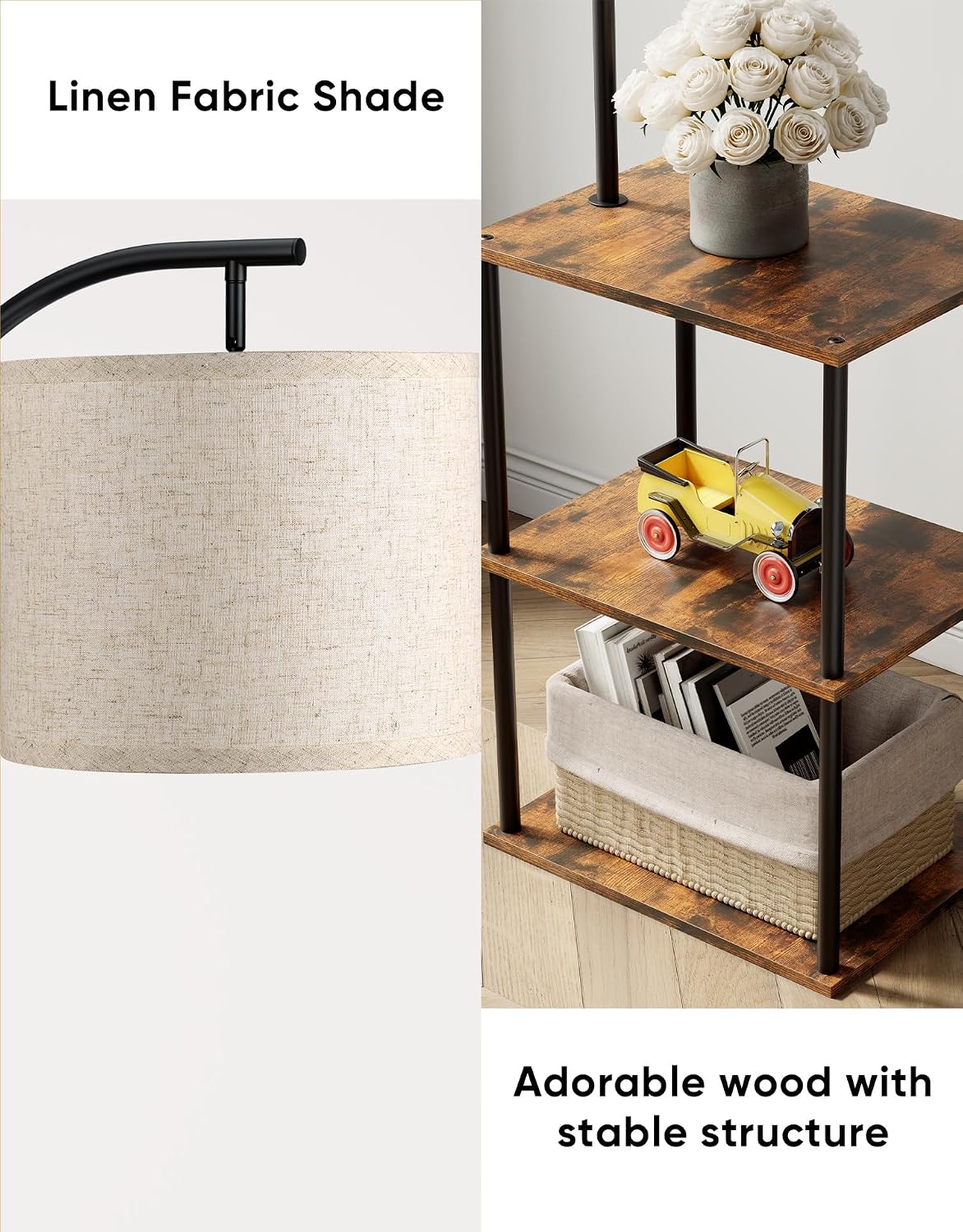 PARTPHONER Floor Lamp with Table, Night Stand with Lamp, Narrow Side Table with 3CCT LED Bulb, Small Coffee Table, Modern End Table with Storage Shelves for Living Room Bedroom Home Décor