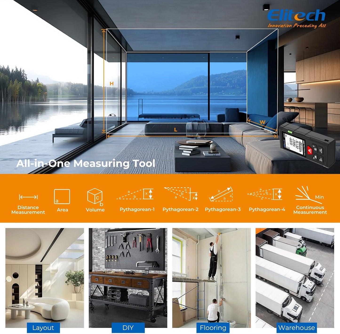 Elitech Laser Tape Measure, 165ft Laser Distance Meter with Bubble Level | 6 Measurement Modes, 99 Measurement Memory, Backlit LCD, M/in/ft Unit Switching, Simple Button Control