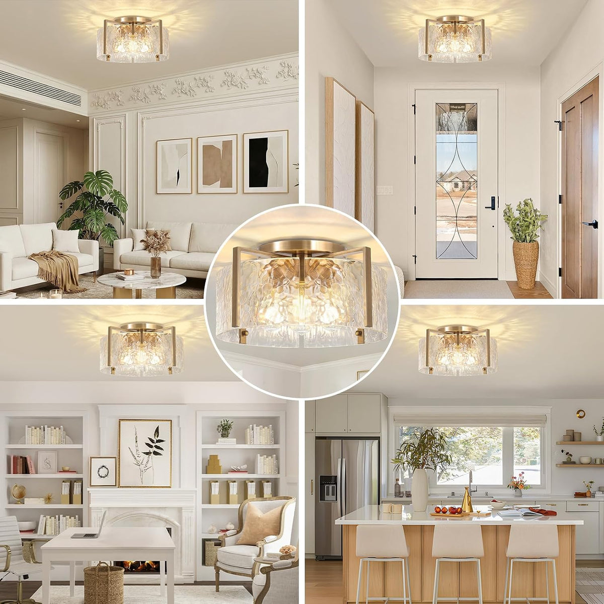 16'' Gold Semi Flush Mount Ceiling Light, 4-Light Glass Drum Light Fixtures