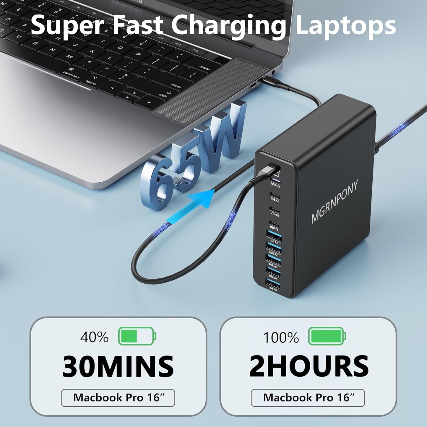 320W USB C Charger Block, 10-Port GaN USB C Charging Station Black | PD 65W Laptop Fast Charger Adapter for MacBook Pro/Air, DELL, iPad, iPhone, Samsung Galaxy