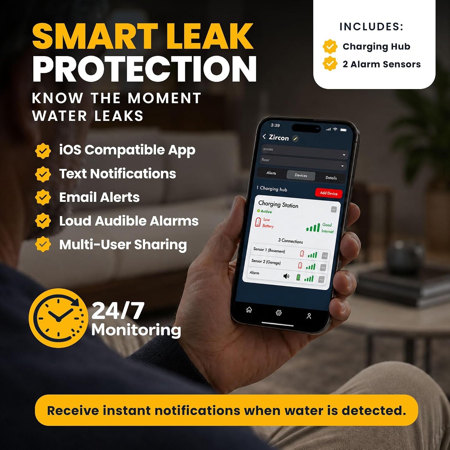 Zircon® Leak Alert 360™ Smart Water Leak Detector Kit, 2 Sensors, iOS Only | Smart water leak detection system with real-time mobile alerts for basements, kitchens and bathrooms, includes 2 sensors