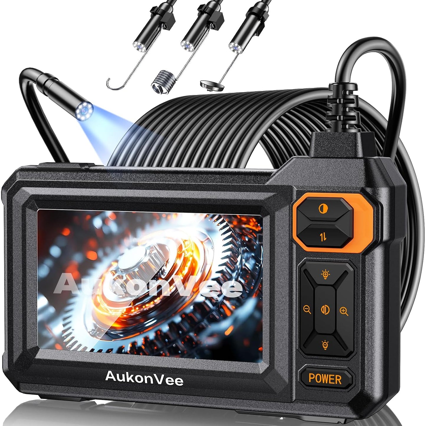 Endoscope Camera with Light, 1920P HD Borescope, 4.3" IPS Inspection Camera | AukonVee IP67 Waterproof Snake Camera with 8 LEDs, 16.5ft Semi-Rigid Cable, Great for Automotive and Pipe Repair Tools