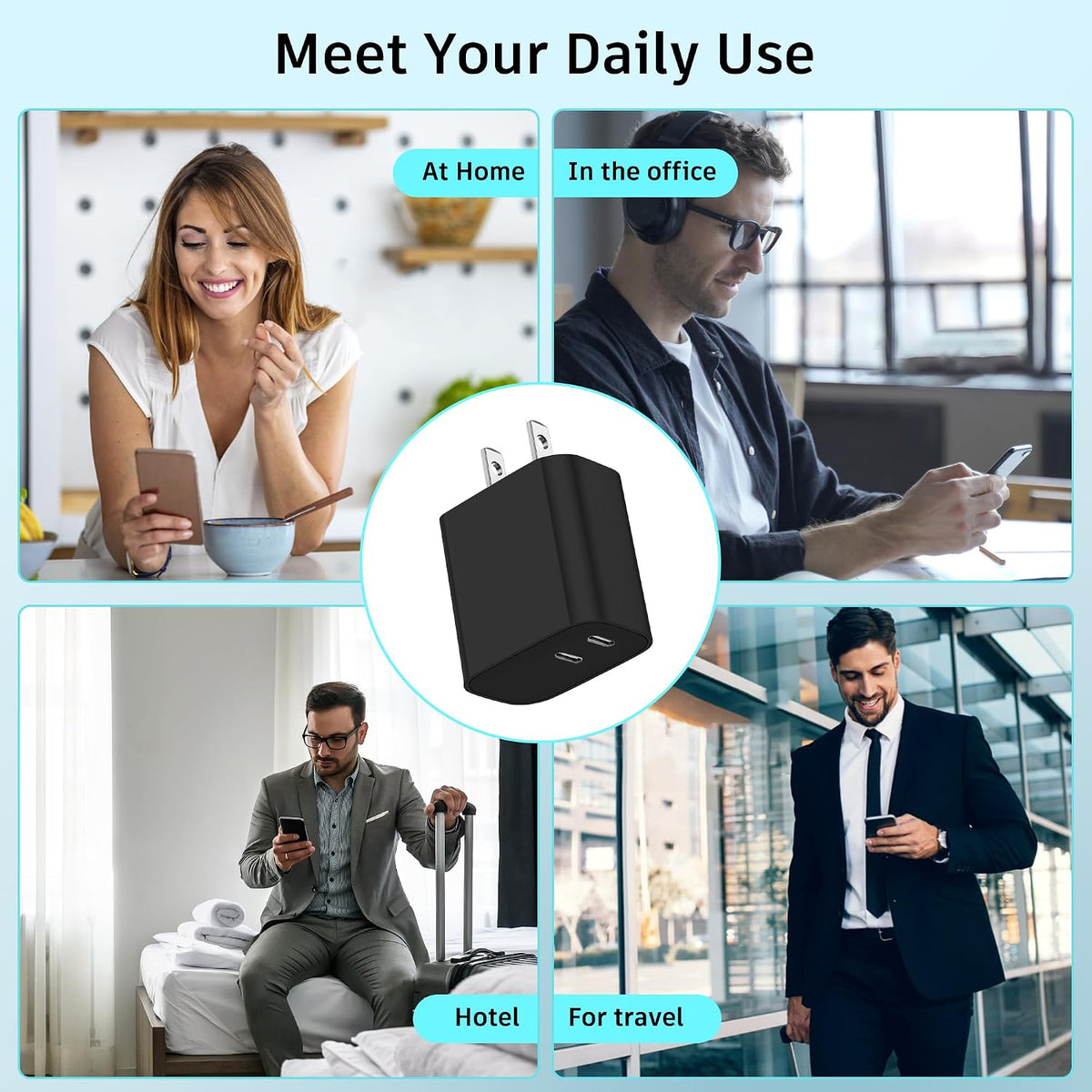 USB C Charger Block 3 Pack, Dual Port 20W Fast Wall Plug (Black) | 20W PD fast charging USB C block for iPhone 17 16 15 14 13 12 11, iPad Pro, iPad Air, AirPods and Apple Watch.