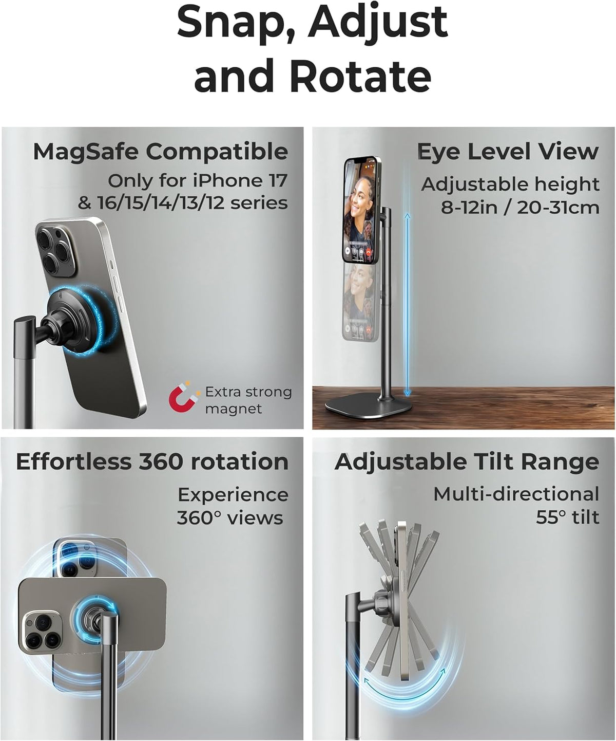 COOPER MagStand Magnetic Phone Stand for Desk, MagSafe Tripod, iPhone 17 | 9-13" Adjustable, Weighted Base, Strong Magnet Hold, iPhone Holder for Video Calls, 2 Steel Rings, Fits any iPhone or Android