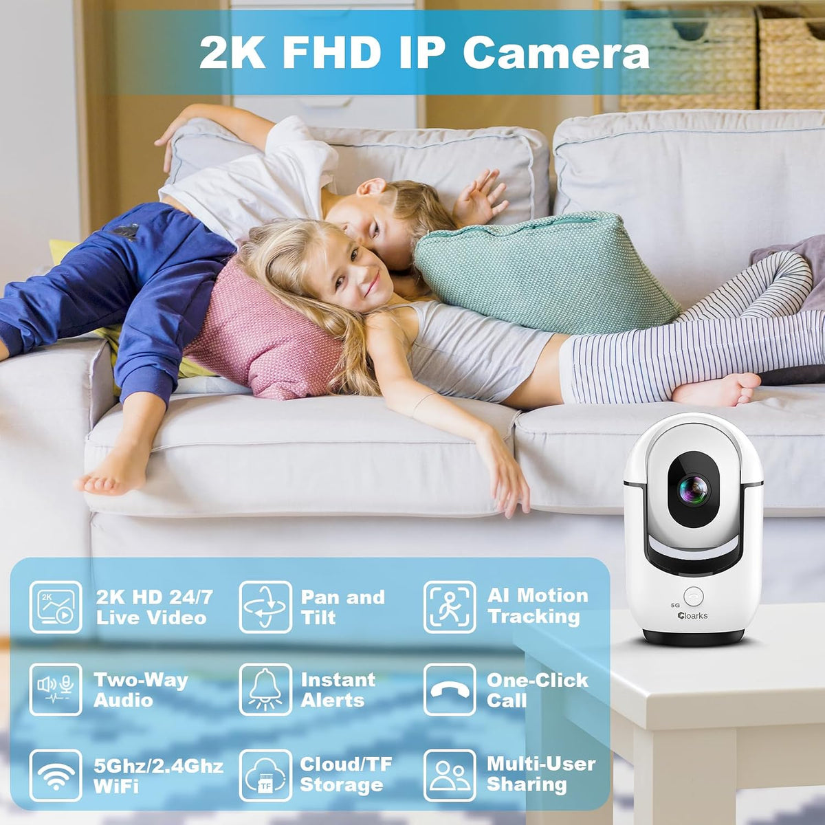 Cloarks 2K Pan/Tilt Security Camera, WiFi Indoor Cameras for Home Security with AI Motion Detection, Pet/Dog/Baby Camera with Phone App, 2-Way Audio, 24/7, Siren, TF/Cloud Storage, 4 Pack