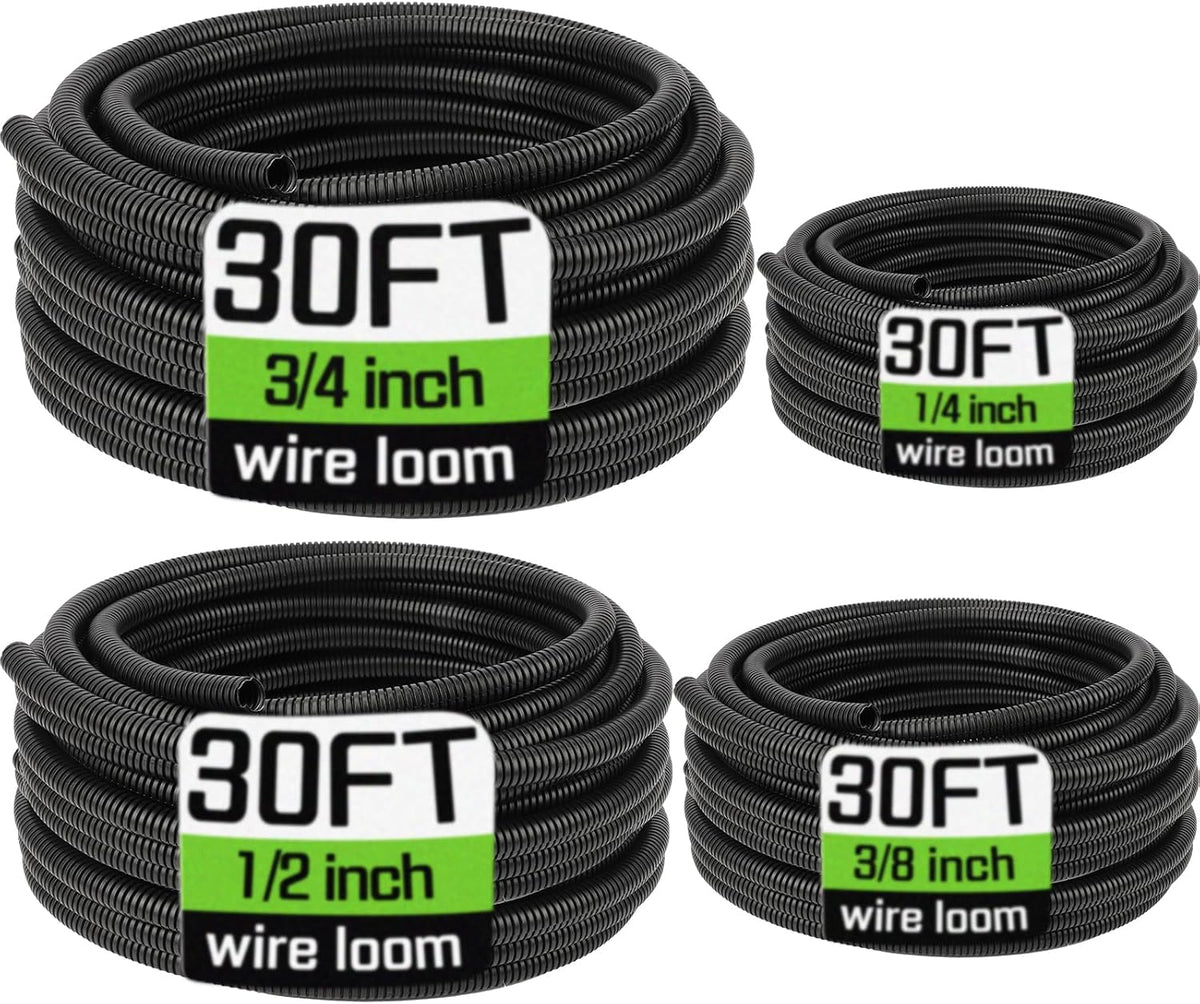 Wire Loom 1/4", 3/8", 1/2", 3/4 Inch x 30 FT, Split Wire Loom Tubing Wire Conduit, Cable Sleeves Bulk Flexible Electrical Conduit Protective kit, Black
