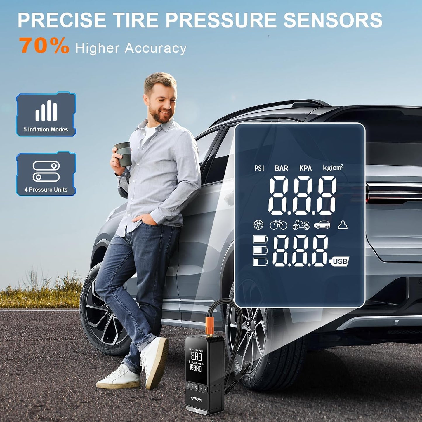 Tire Inflator Portable Air Compressor, 150 PSI Cordless Smart Air Pump for Car Tires, LED Light & Auto Shut-Off, Tires Pump for Car, Motorcycles, Bikes, Balls, Mini Bike Pump & Car Accessories