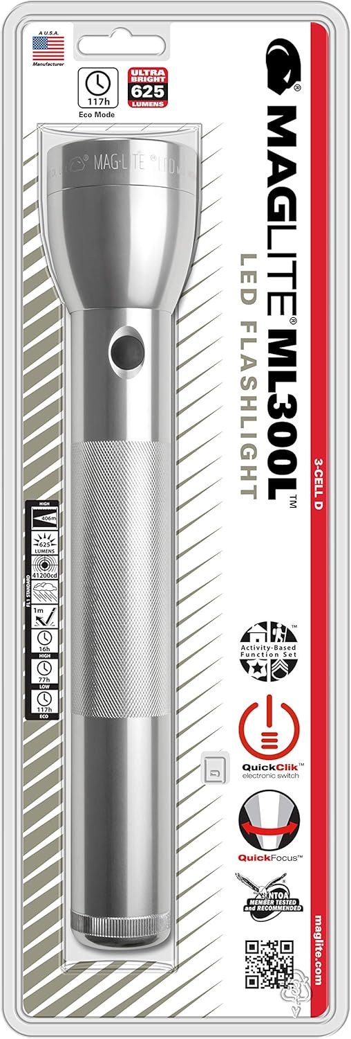 MagLite High Lumens LED Flashlight – ML300L 4-Cell D Flashlight with Adjustable Focus for Precise Beam, Long Battery Life, Water-Resistant for Emergency, Outdoor, and Camping – Black