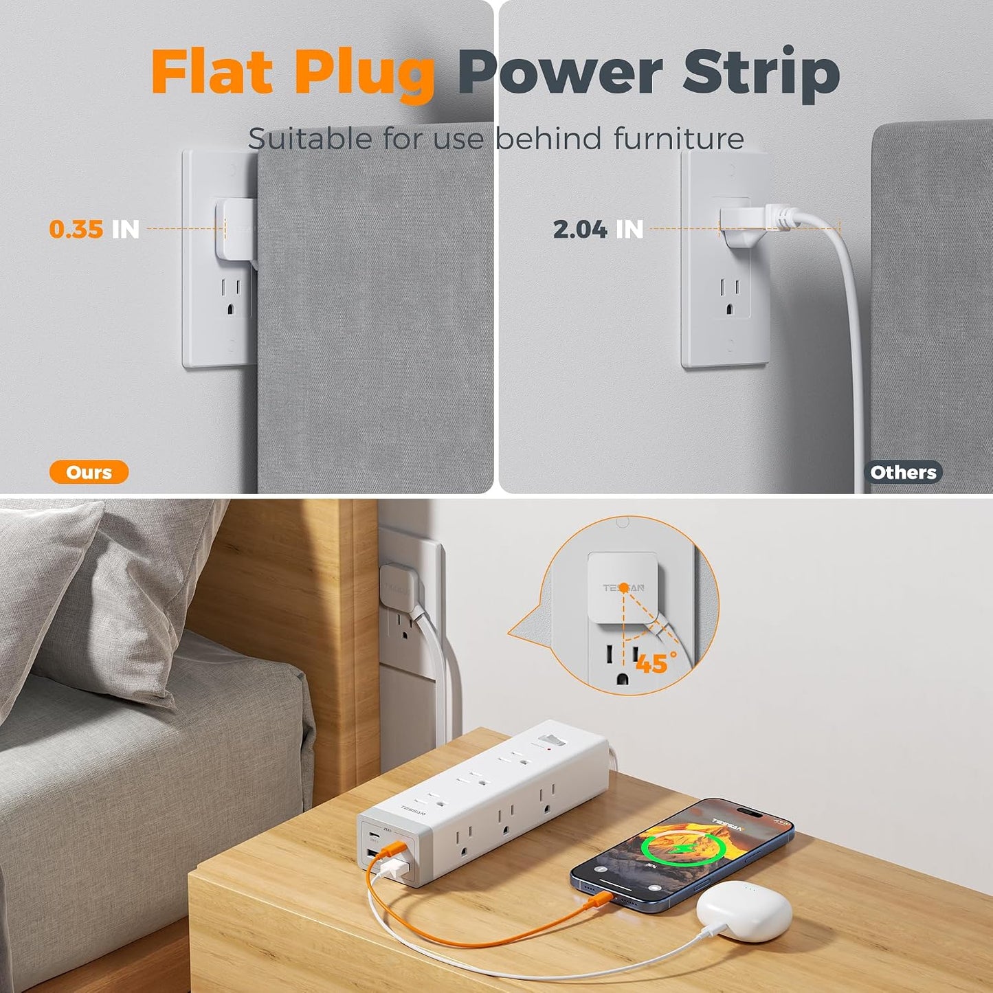 TESSAN Surge Protector Power Strip with 1050J Protection, 6 Ft, Grey | 9 Outlets with 4 USB (2 USB C), Flat Plug Extension Cord, 20W Multiple Charging Station for Home, Office, College Dorm Room