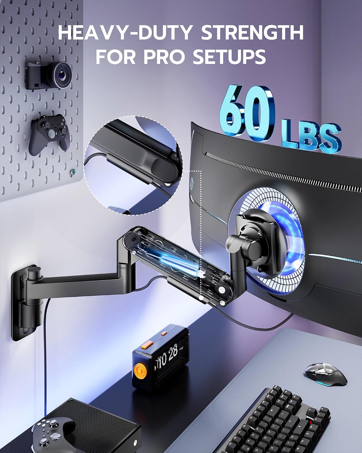 ARES WING Monitor Wall Mount for 24-57 Inch Ultrawide Screen, Black | Premium Heavy Duty Gaming Monitor Arm for 60 lbs, Full Motion Gas Spring, Bearing Head for Easy Adjustment, 75/100 VESA Mount